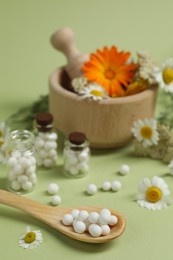 Homeopathic remedy, mortar and flowers on light green background, selective focus