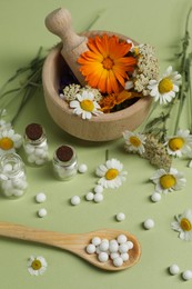 Homeopathic remedy, mortar and flowers on light green background