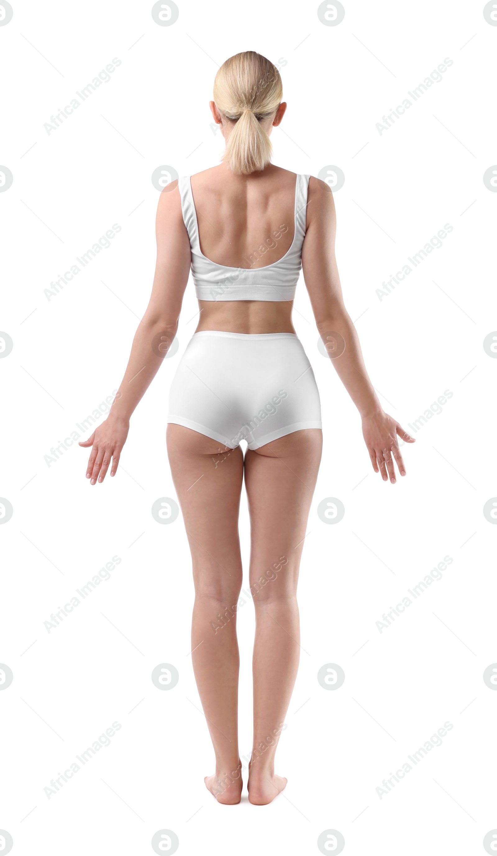 Photo of Sporty woman on white background, back view