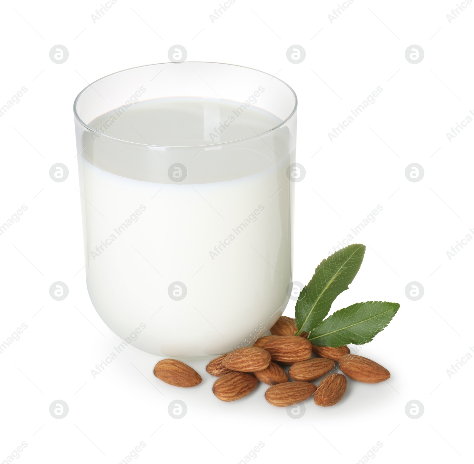 Photo of Glass of almond milk and almonds isolated on white