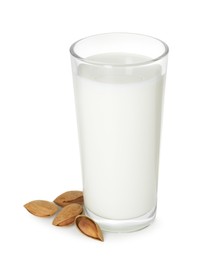 Photo of Glass of almond milk and almonds isolated on white