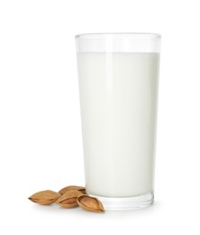 Photo of Glass of almond milk and almonds isolated on white