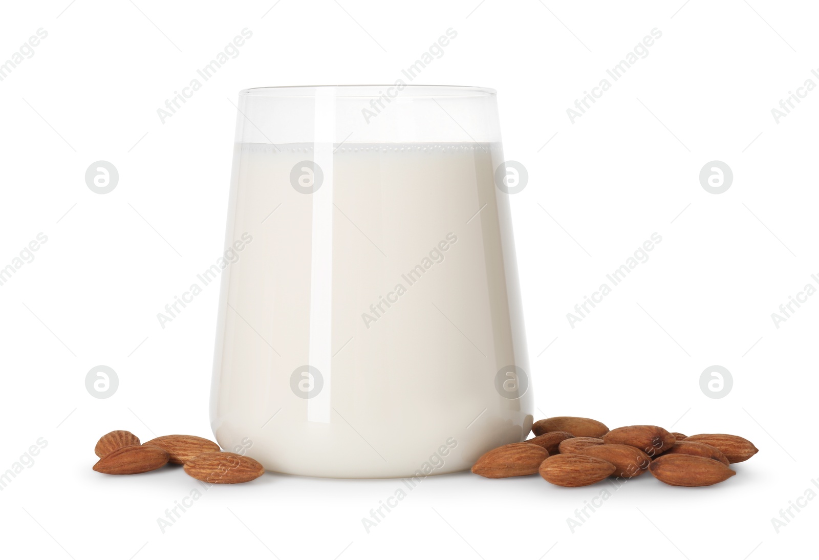 Photo of Glass of almond milk and almonds isolated on white