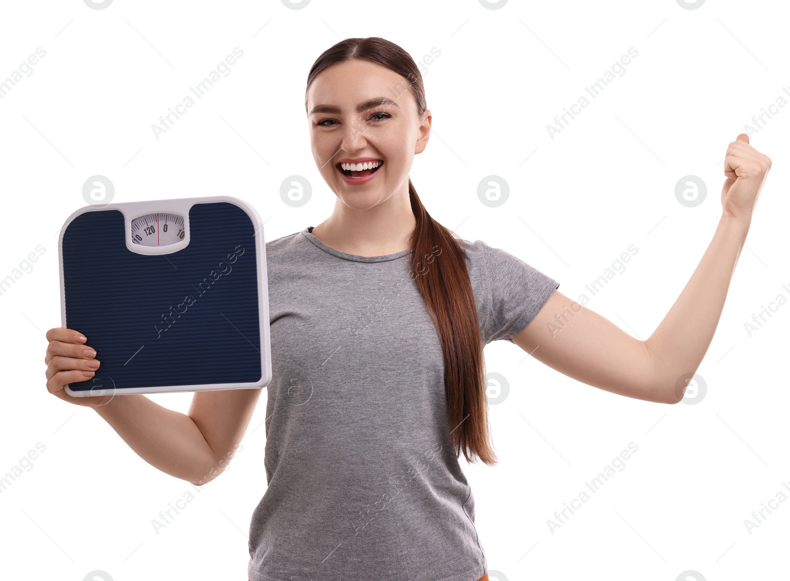 Photo of Happy woman with floor scale on white background