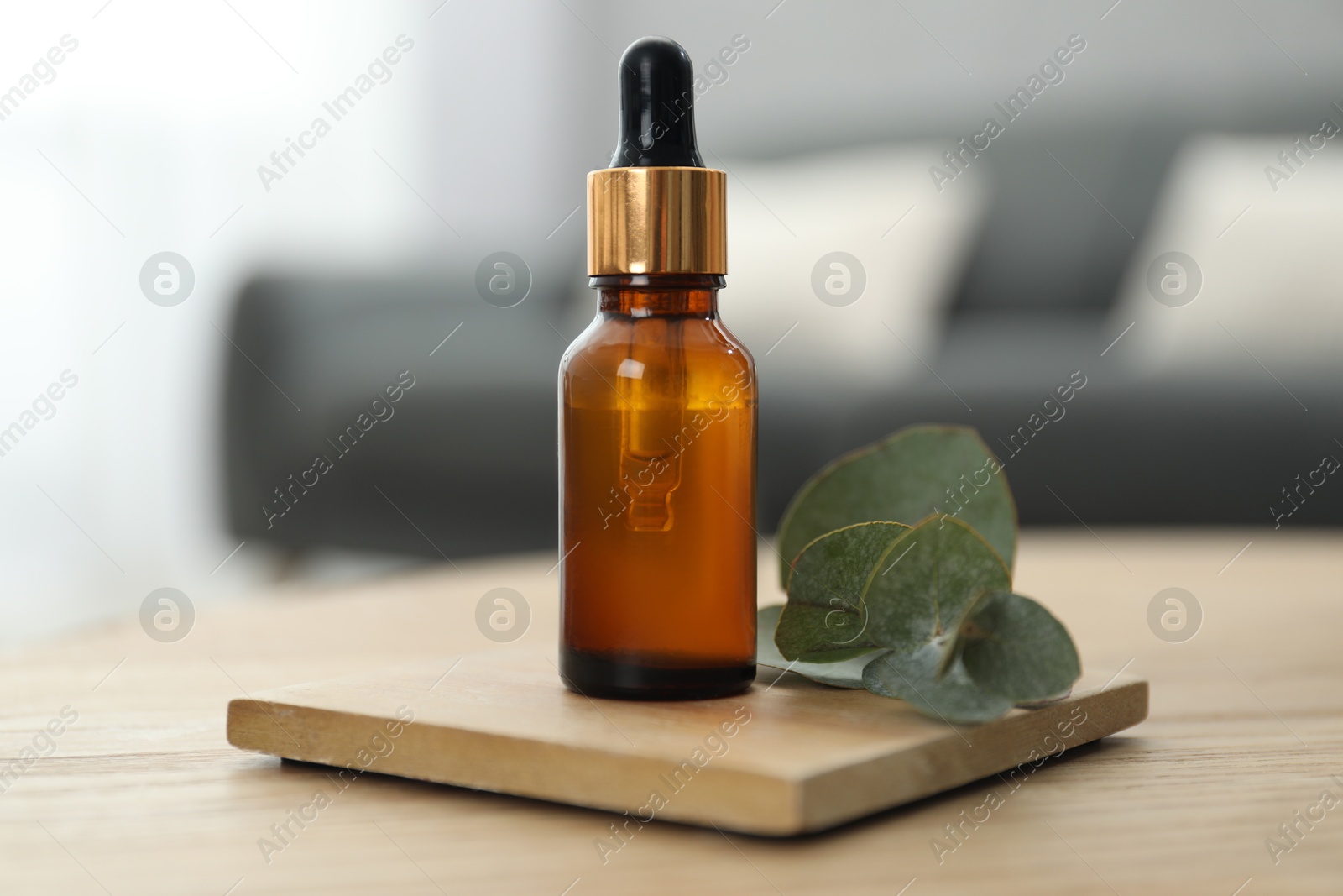 Photo of Aromatherapy. Bottle of essential oil and eucalyptus leaves on wooden table