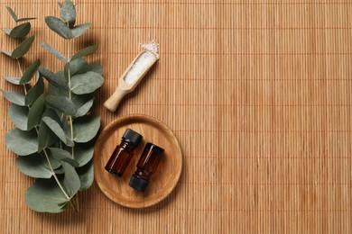 Aromatherapy products. Bottles of essential oil, sea salt and eucalyptus branches on bamboo mat, flat lay. Space for text