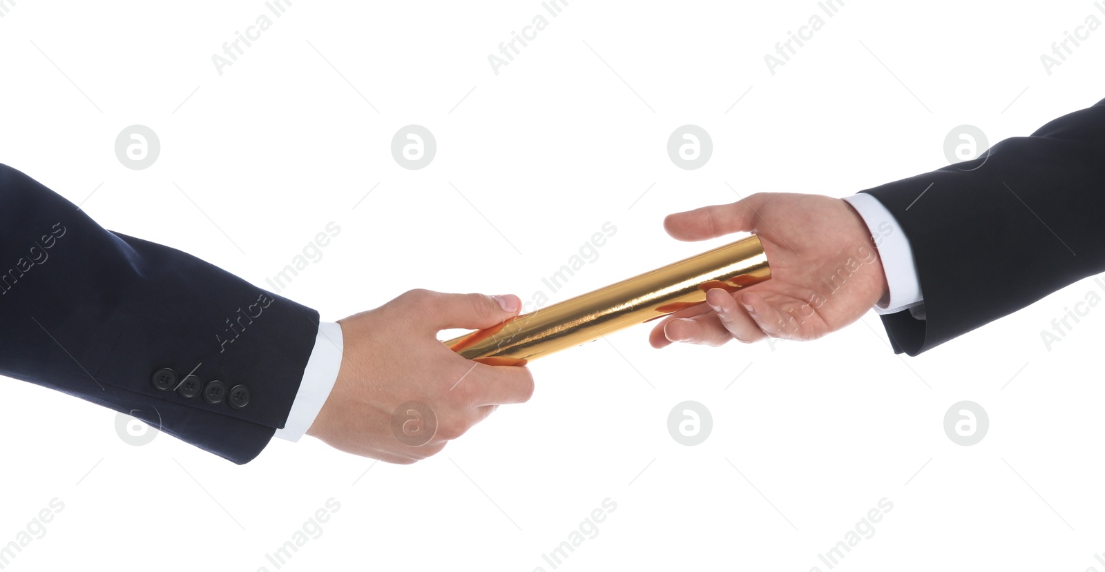 Photo of Businessman passing relay baton to colleague isolated on white, closeup