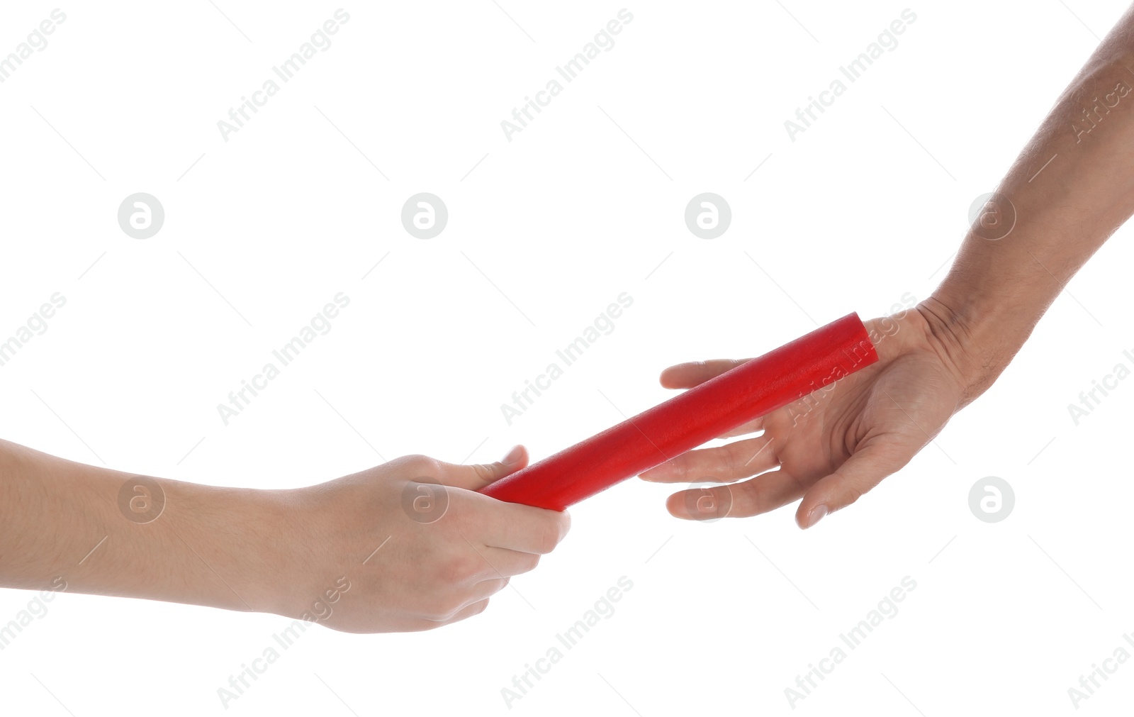 Photo of Man passing relay baton to teammate isolated on white, closeup