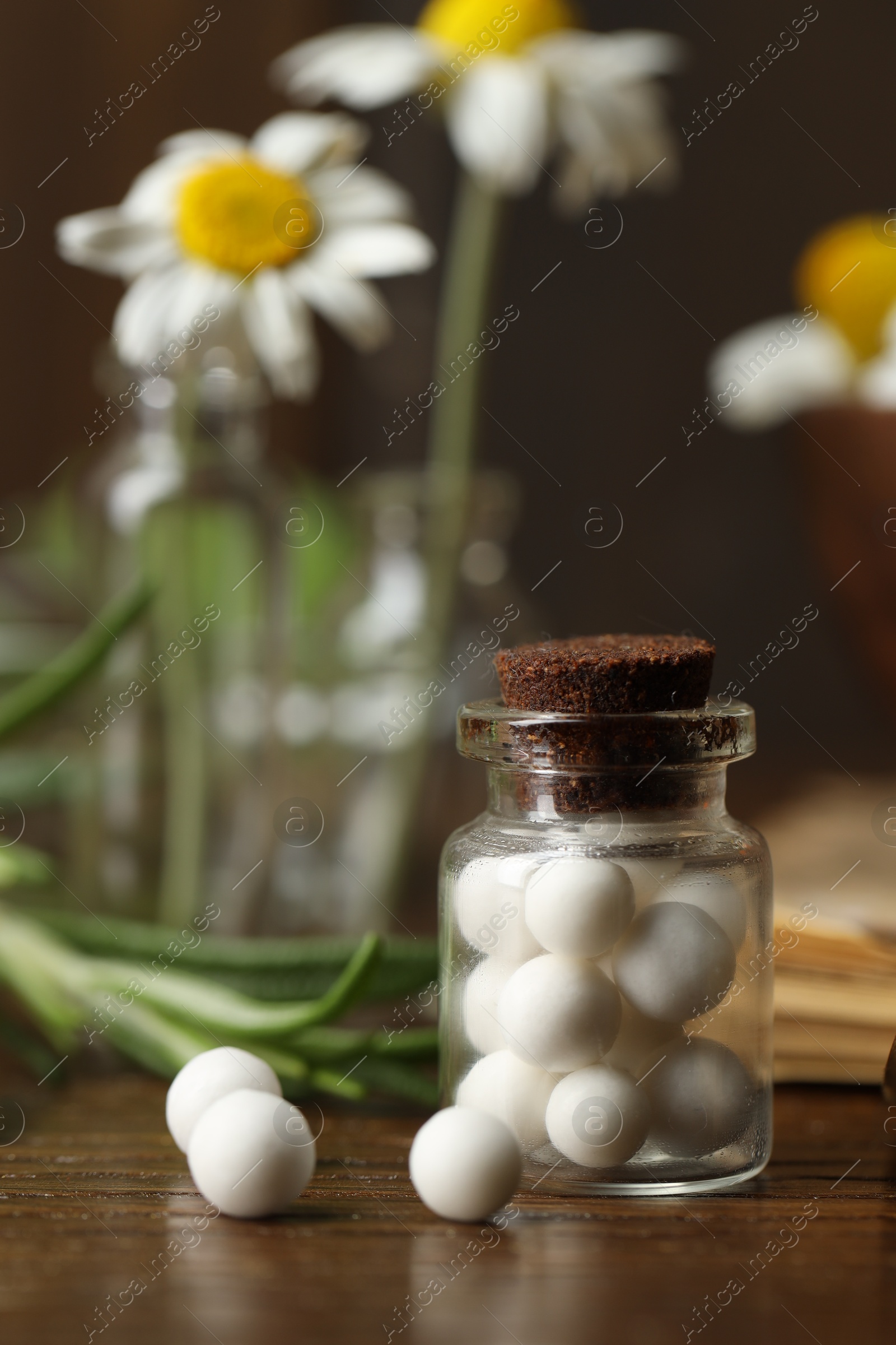 Photo of Homeopathy. Pills in glass bottle on wooden table, closeup