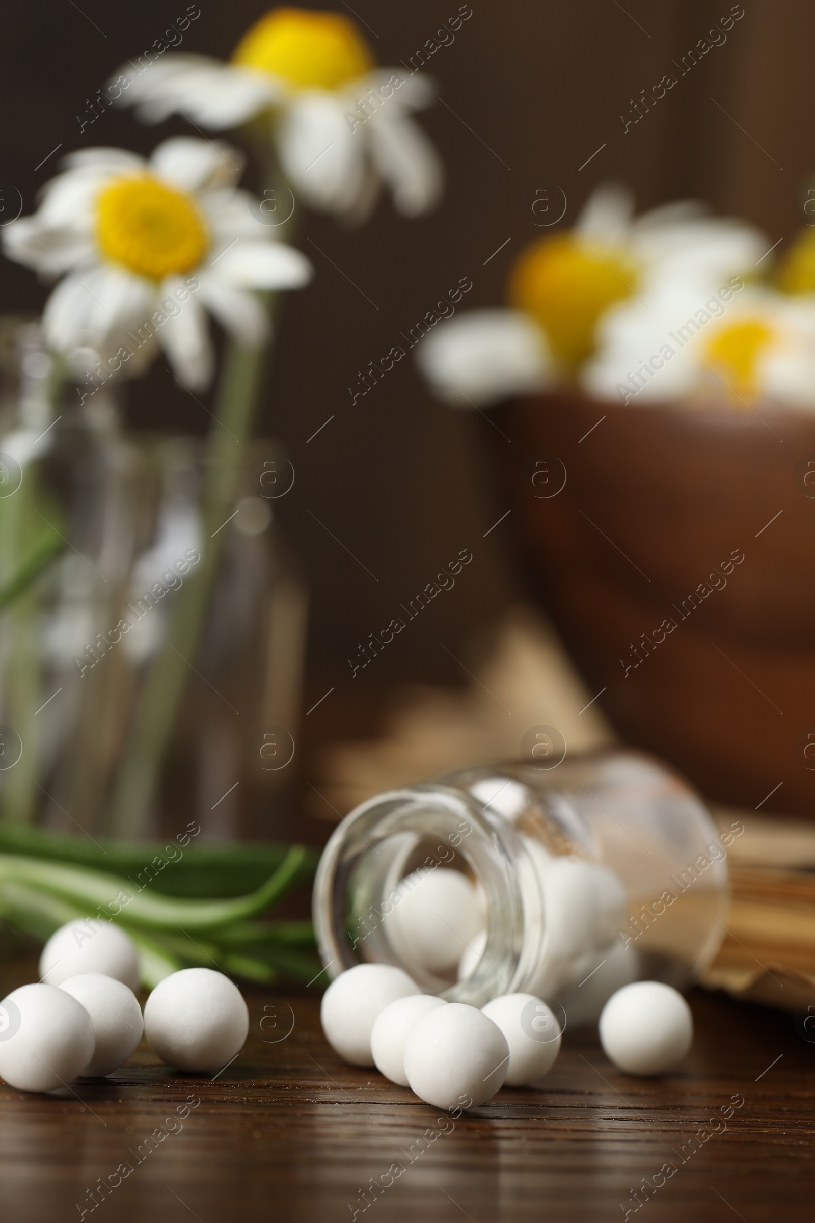 Photo of Homeopathy. Glass bottle with pills on wooden table, closeup