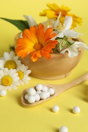 Homeopathic remedy and flowers on yellow background