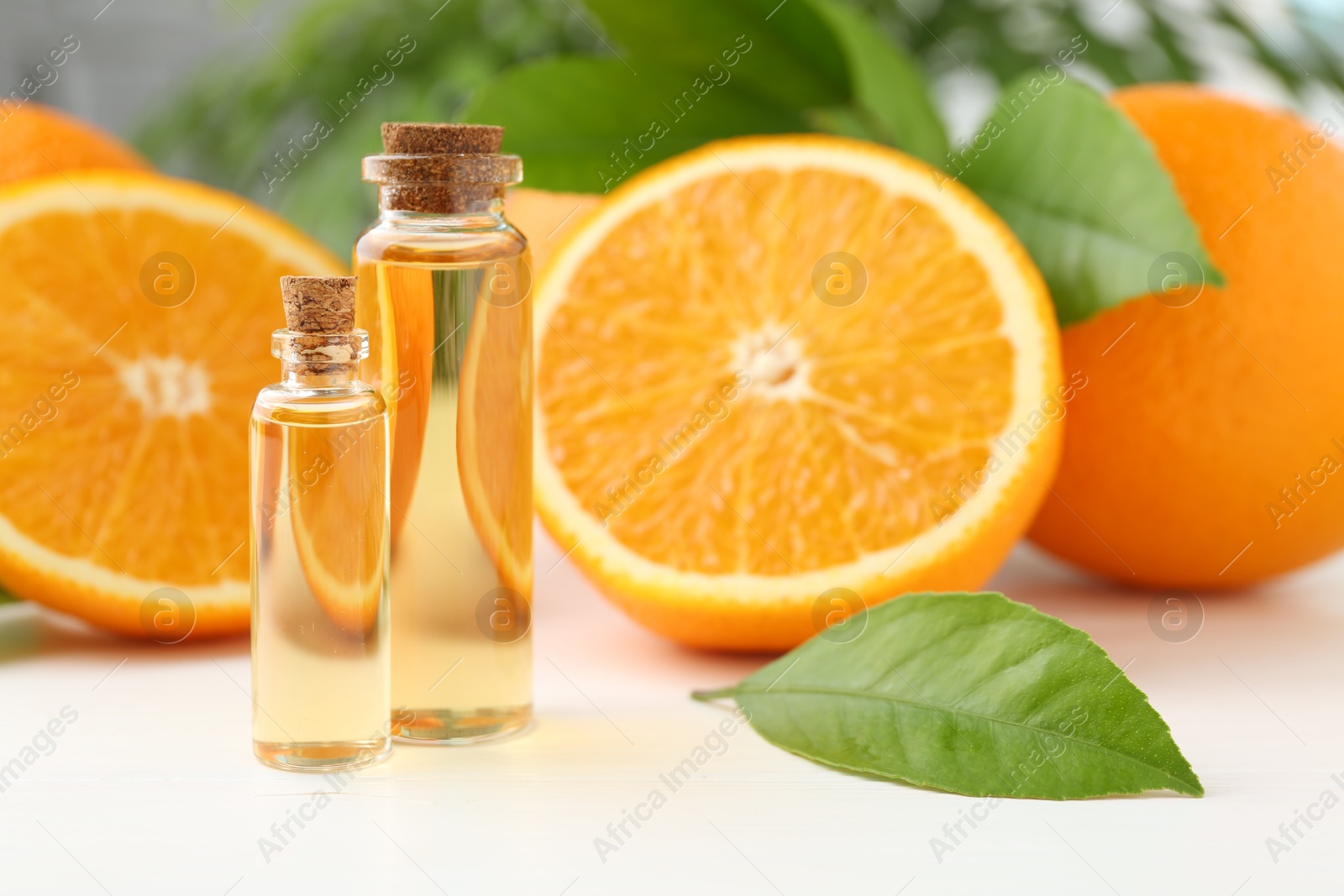 Photo of Essential oils in bottles, oranges and green leaves on white table