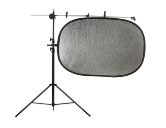 Stand with reflector isolated on white. Photo studio equipment