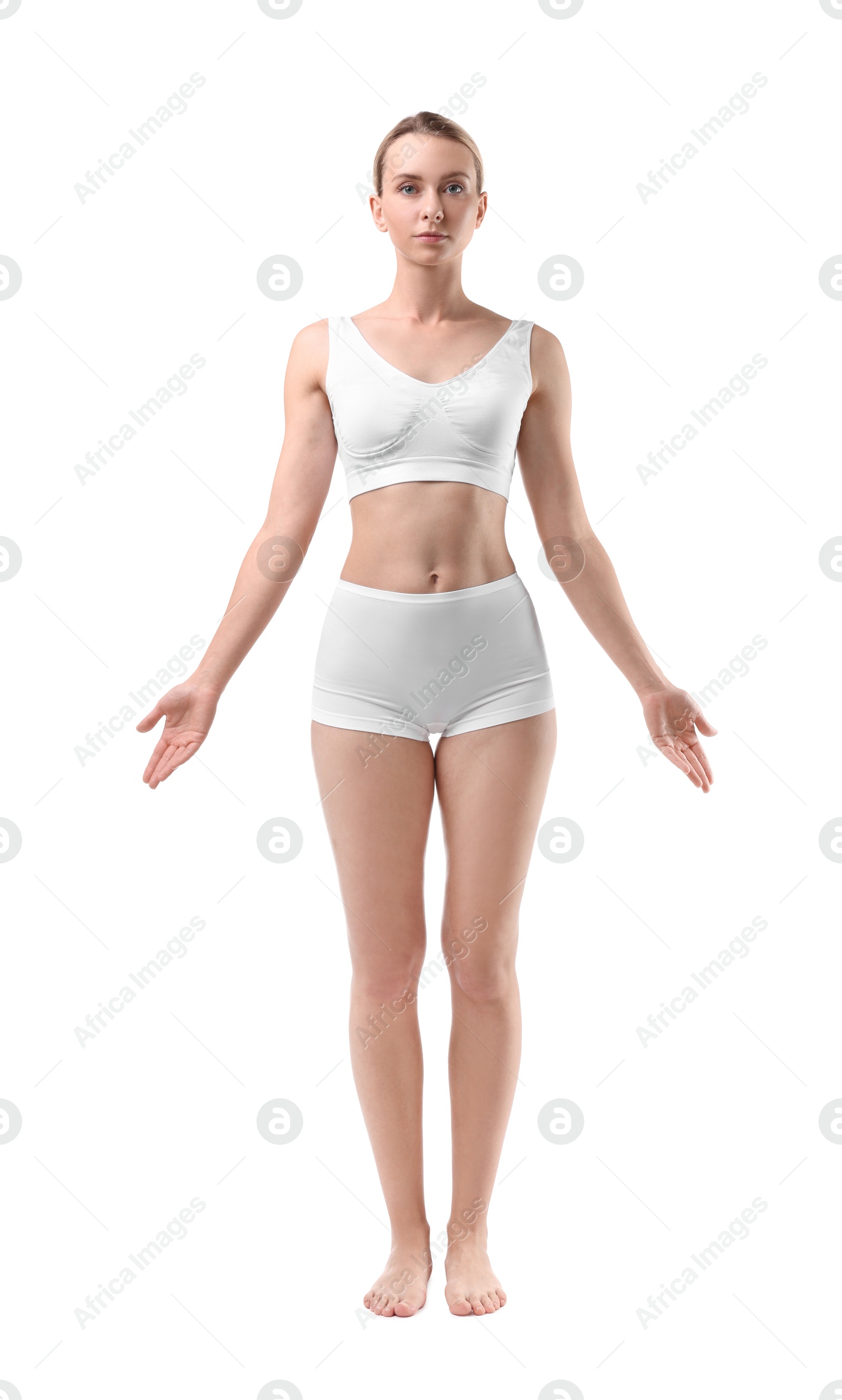 Photo of Full length portrait of sporty woman on white background