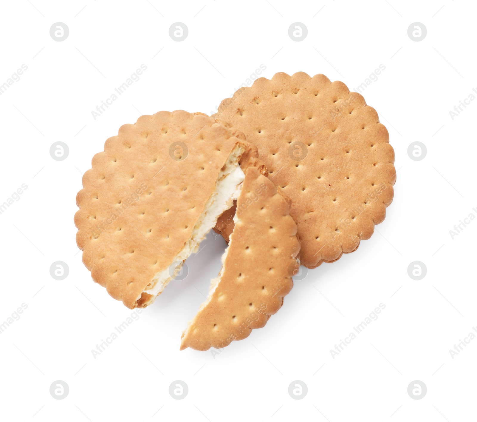 Photo of Tasty sandwich cookies isolated on white, top view