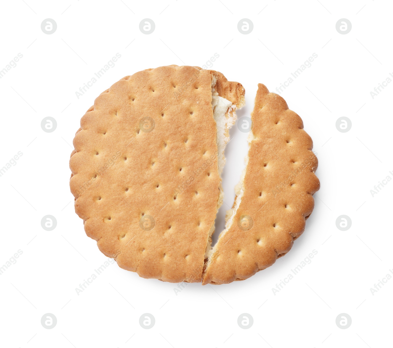 Photo of Broken tasty sandwich cookie isolated on white, top view