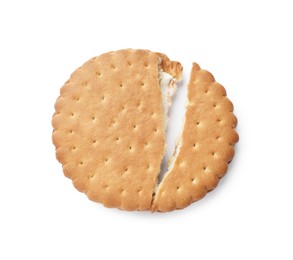 Photo of Broken tasty sandwich cookie isolated on white, top view