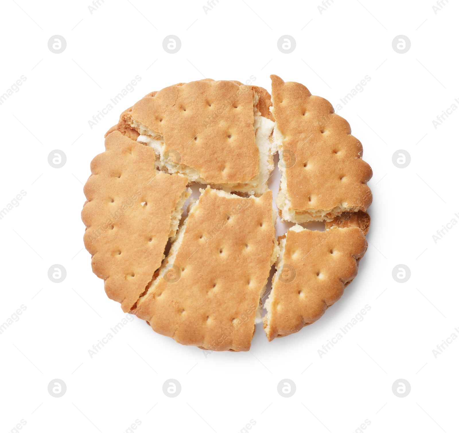 Photo of Broken tasty sandwich cookie isolated on white, top view