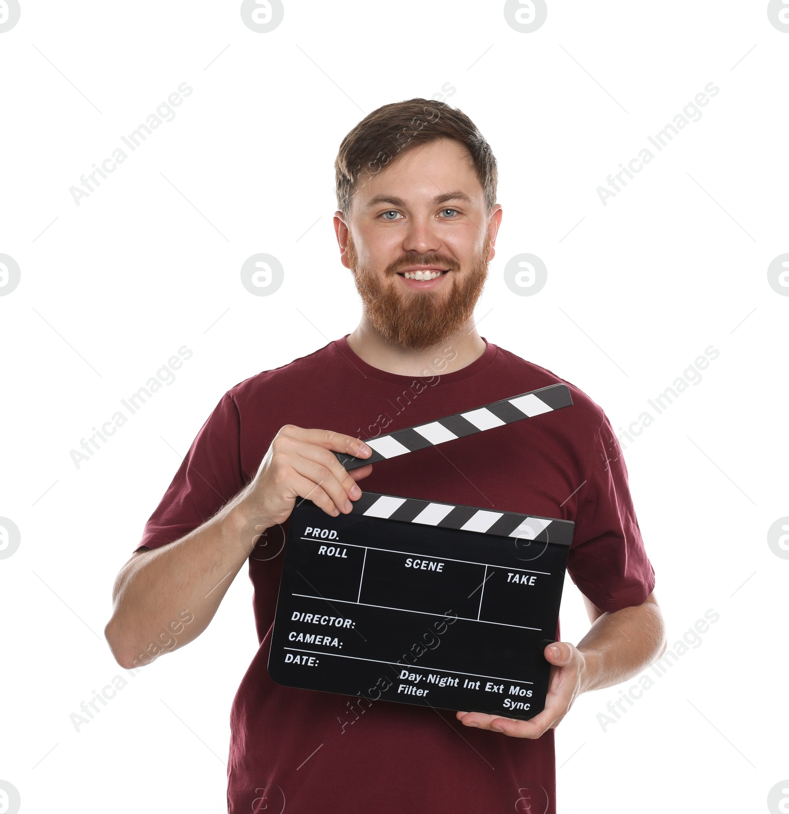 Photo of Making movie. Smiling man with clapperboard on white background