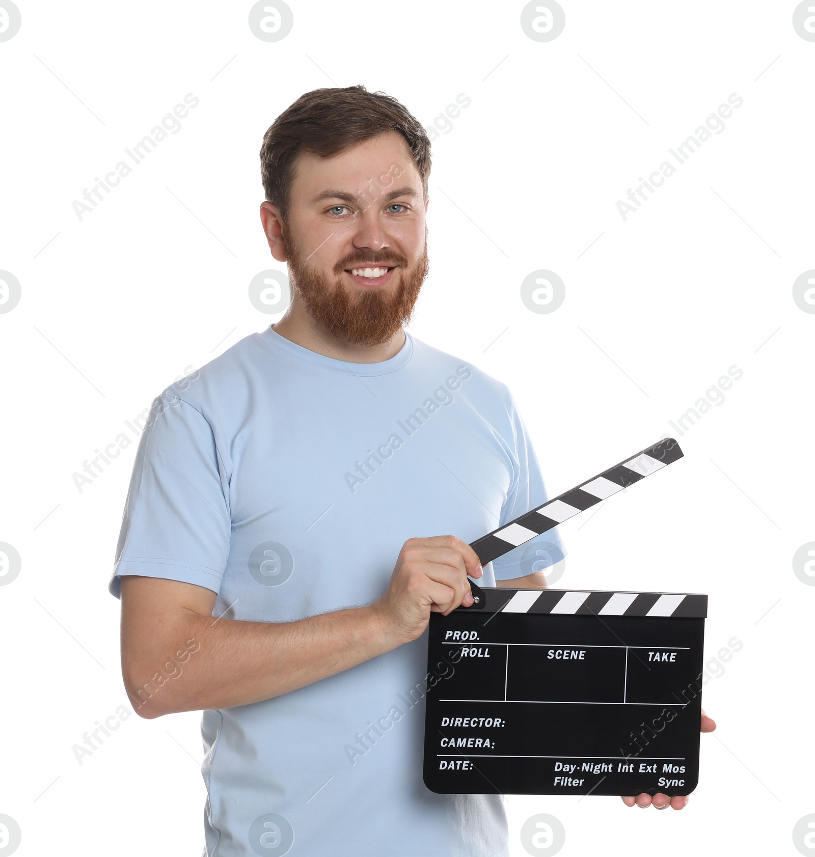 Photo of Making movie. Smiling man with clapperboard on white background