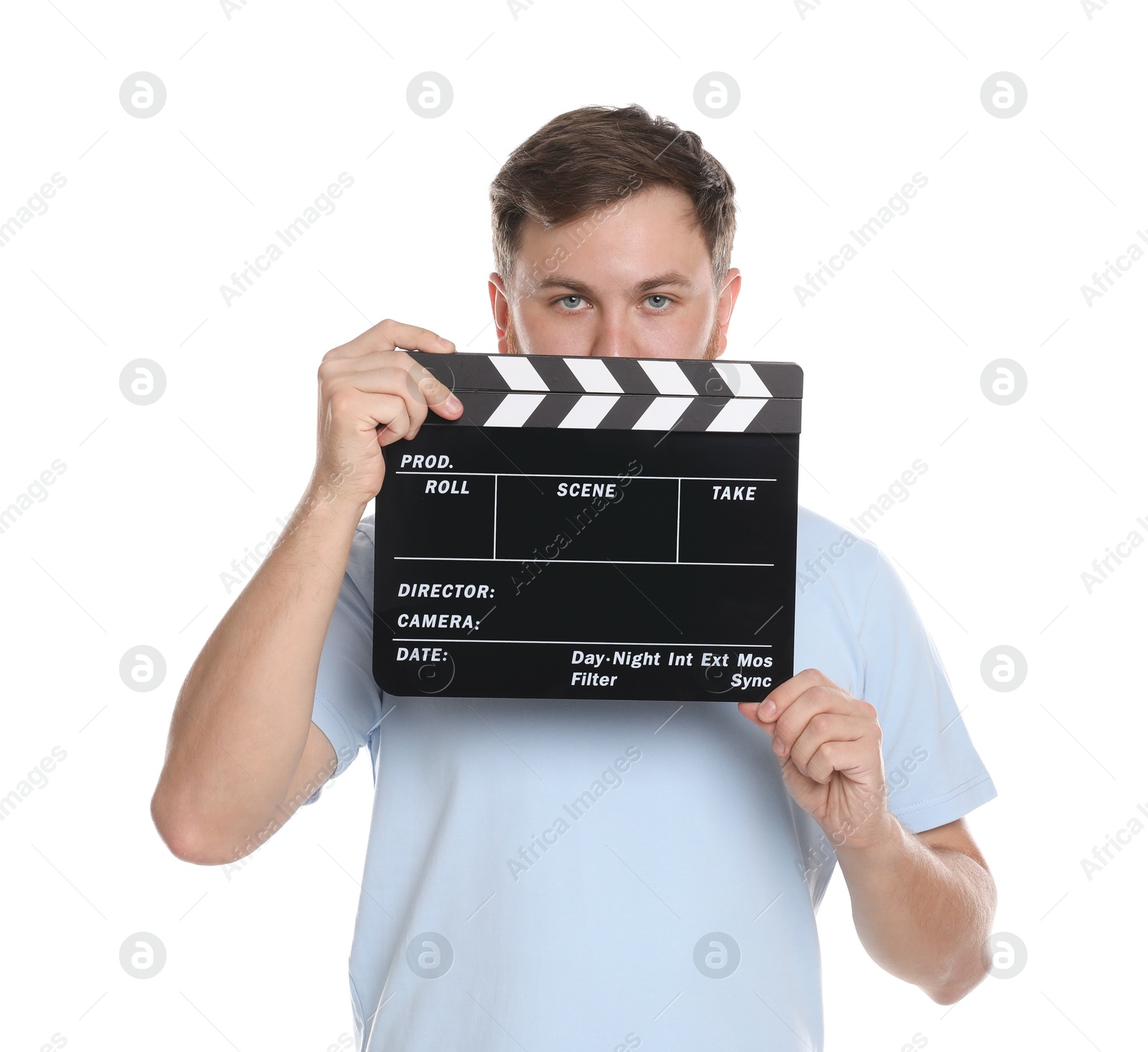 Photo of Making movie. Man with clapperboard on white background