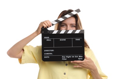 Making movie. Woman with clapperboard on white background