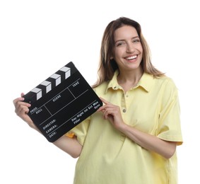 Photo of Making movie. Smiling woman with clapperboard on white background