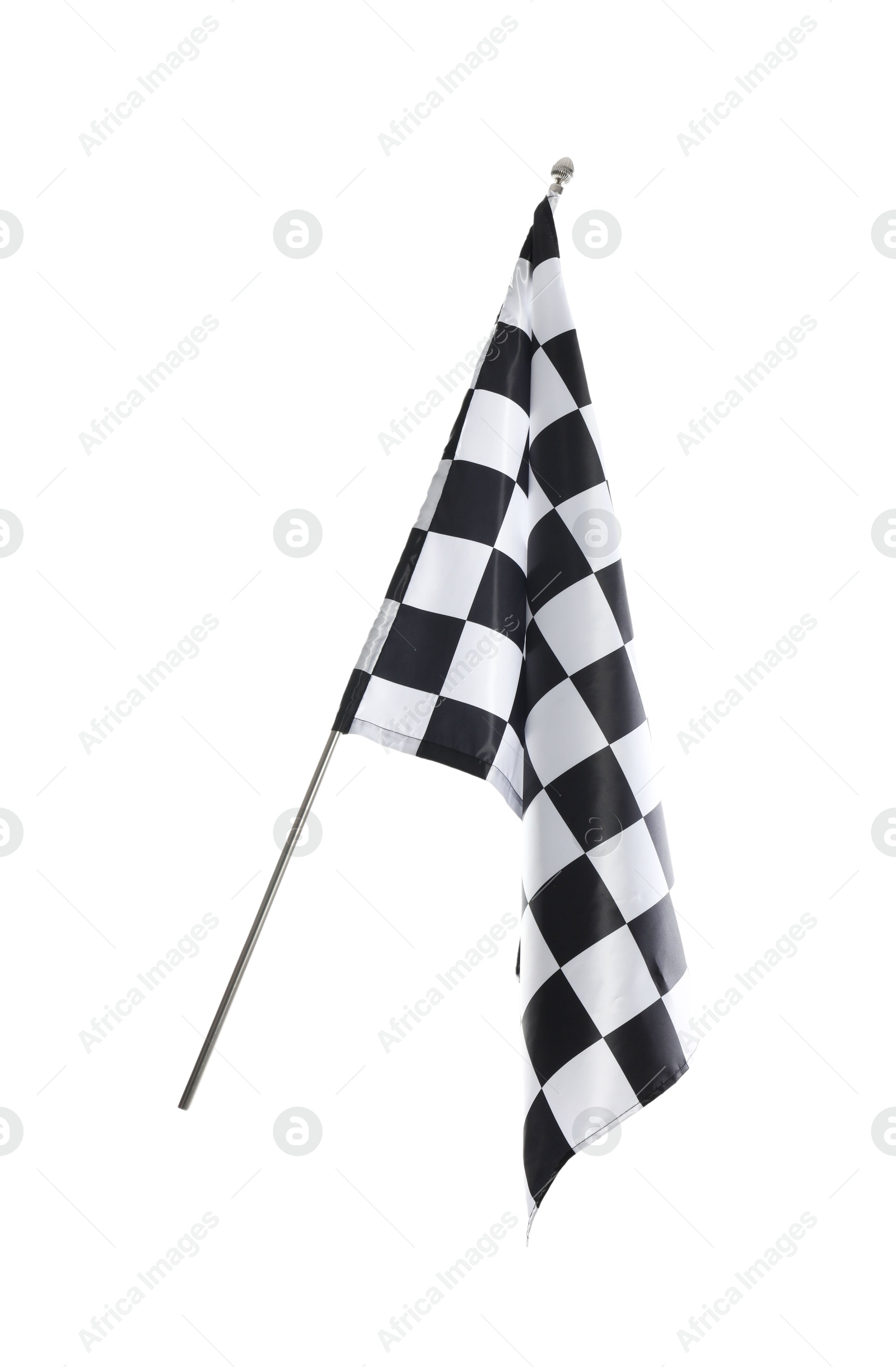 Photo of One checkered finish flag isolated on white