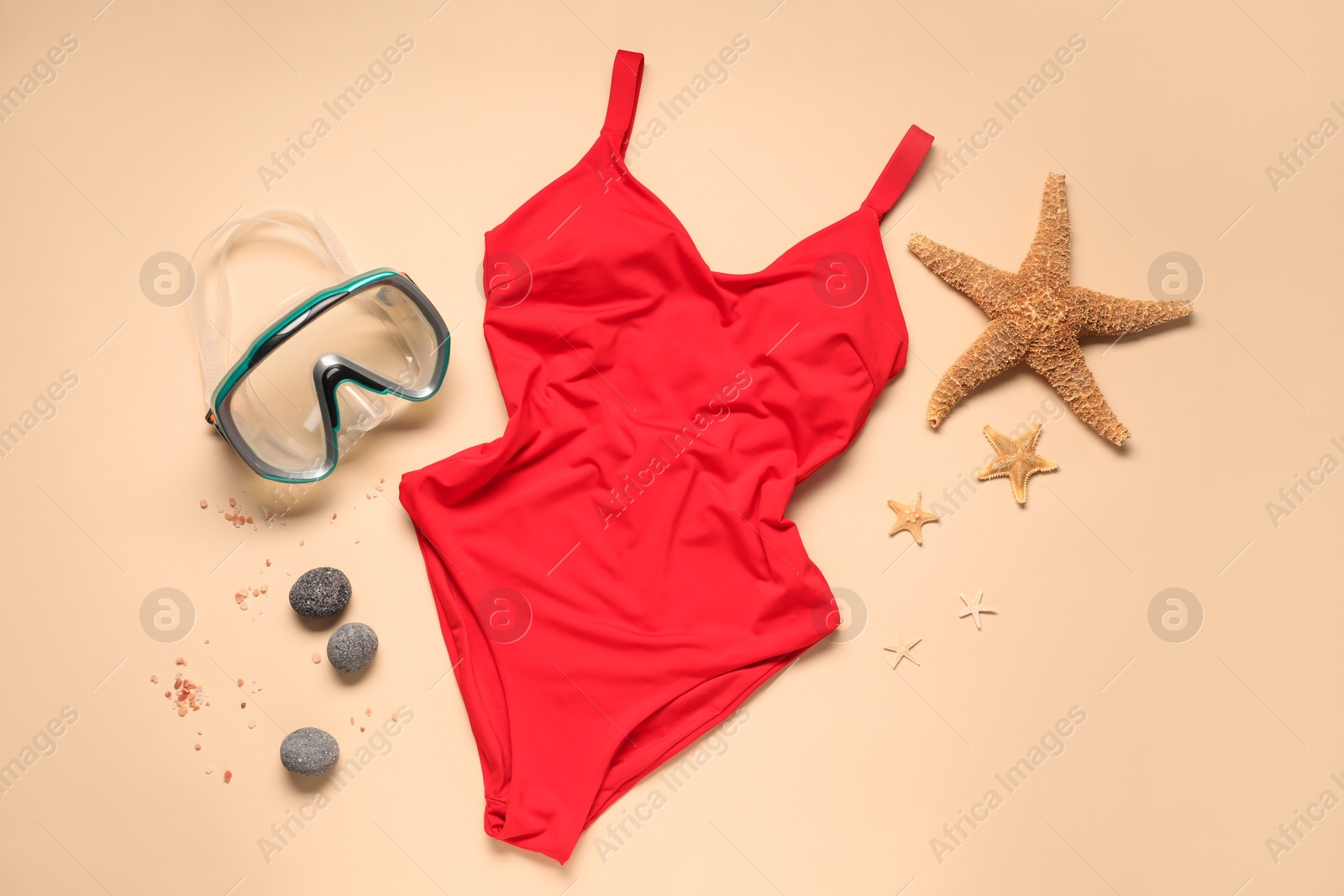 Photo of Red swimsuit, diving mask, stones and starfishes on beige background, flat lay