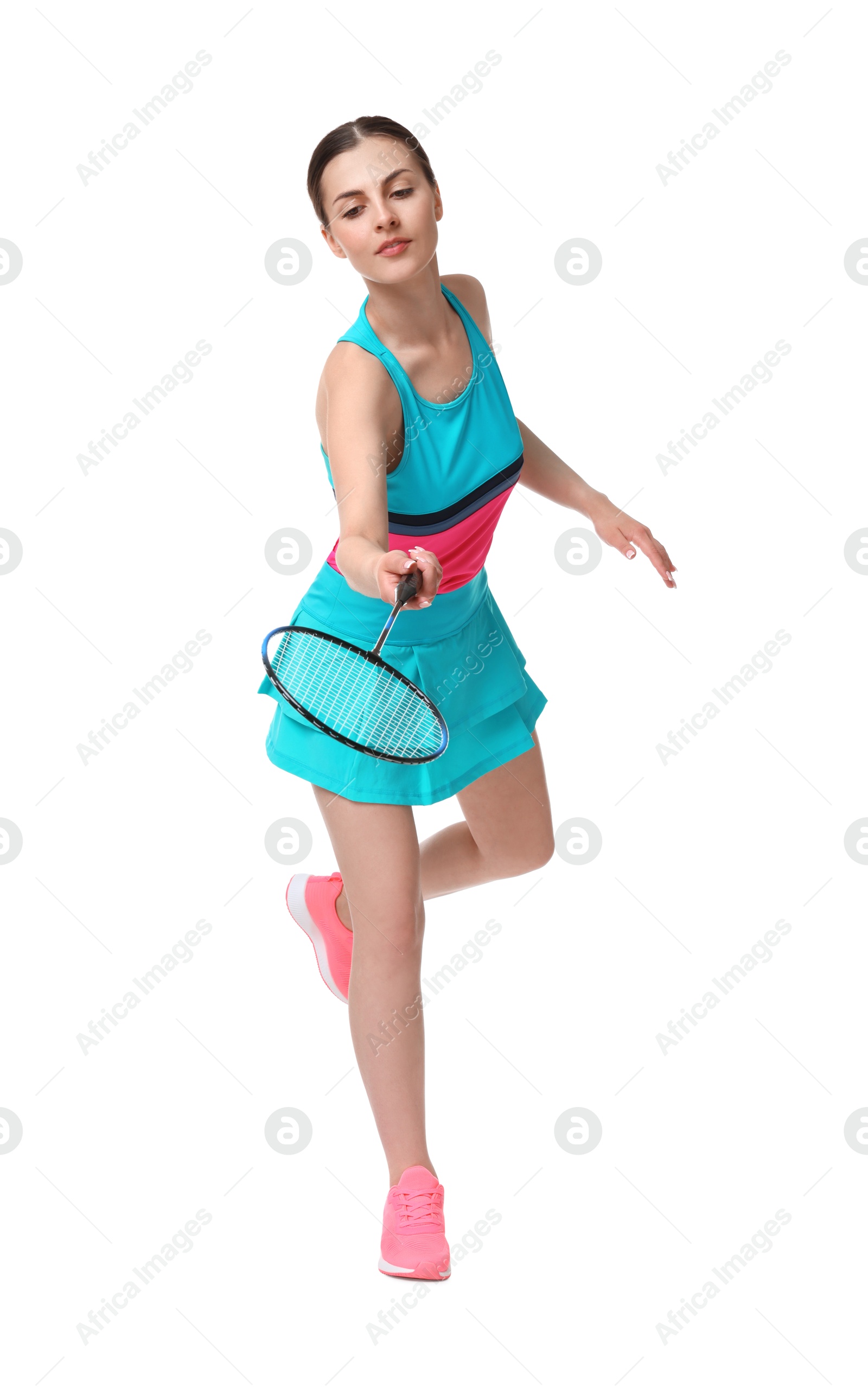 Photo of Young woman playing badminton with racket on white background