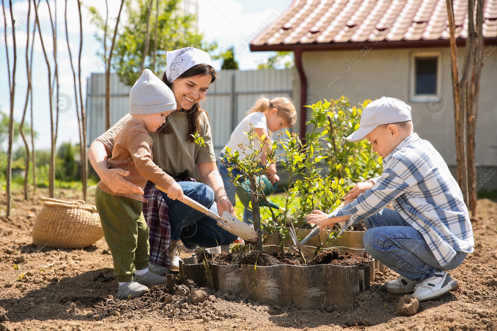 Photo of Mother and her children planting tree together in garden