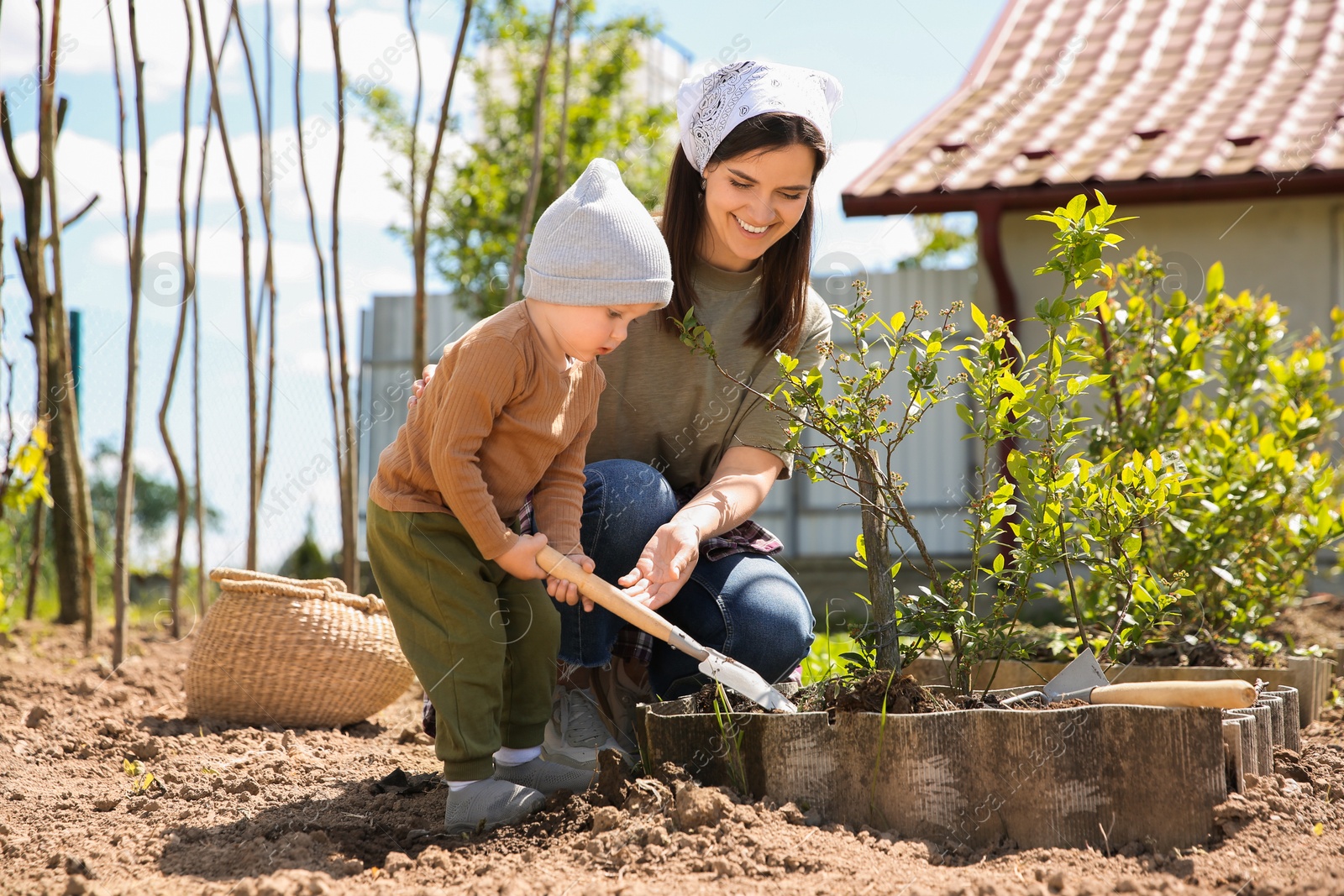 Photo of Mother and her son planting tree together in garden