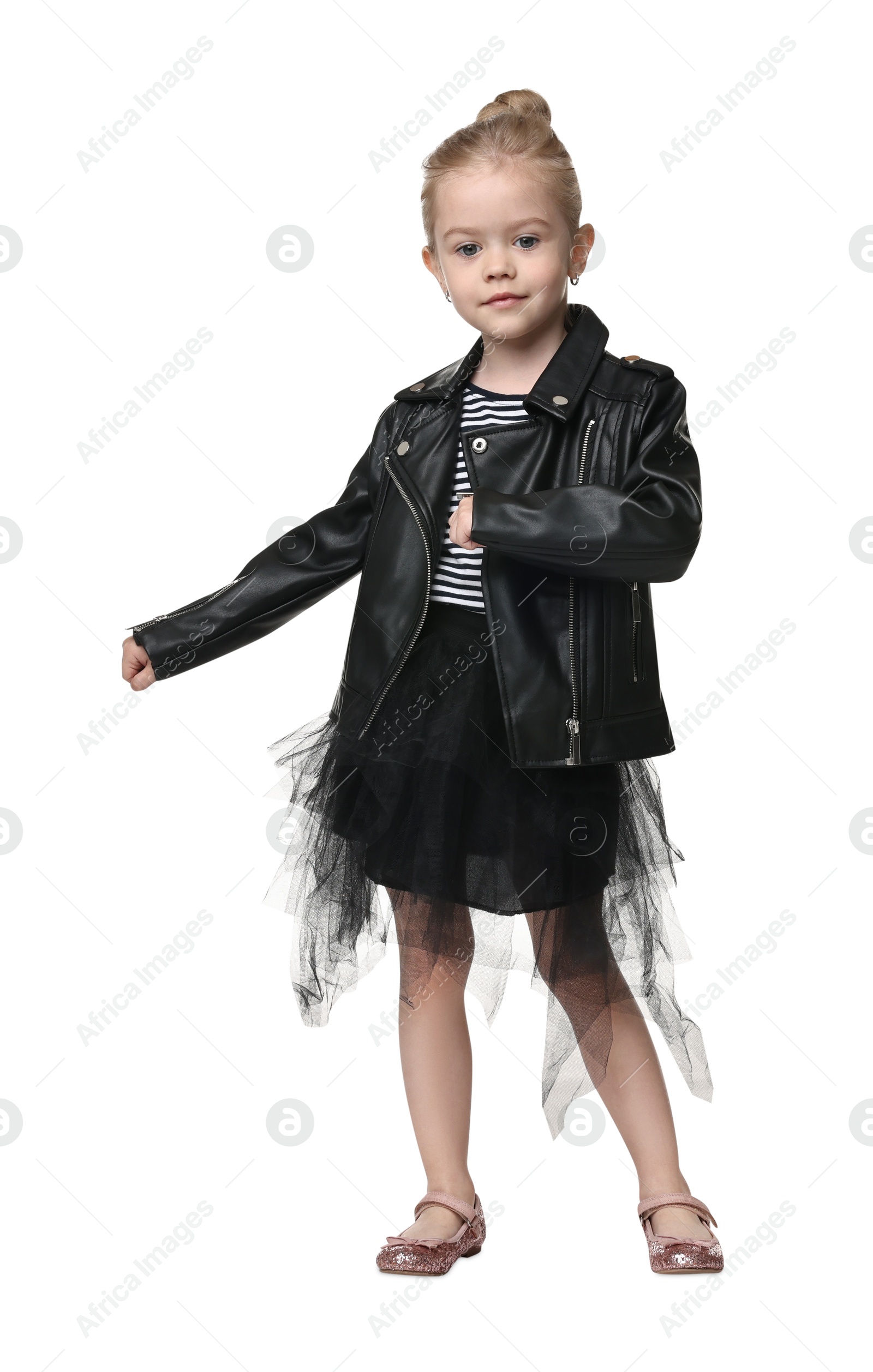 Photo of Cute little girl dancing on white background