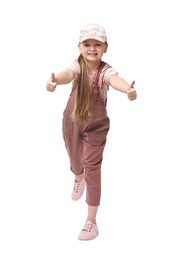 Photo of Cute little girl showing thumbs up while dancing on white background