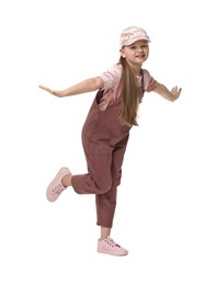 Cute little girl dancing on white background