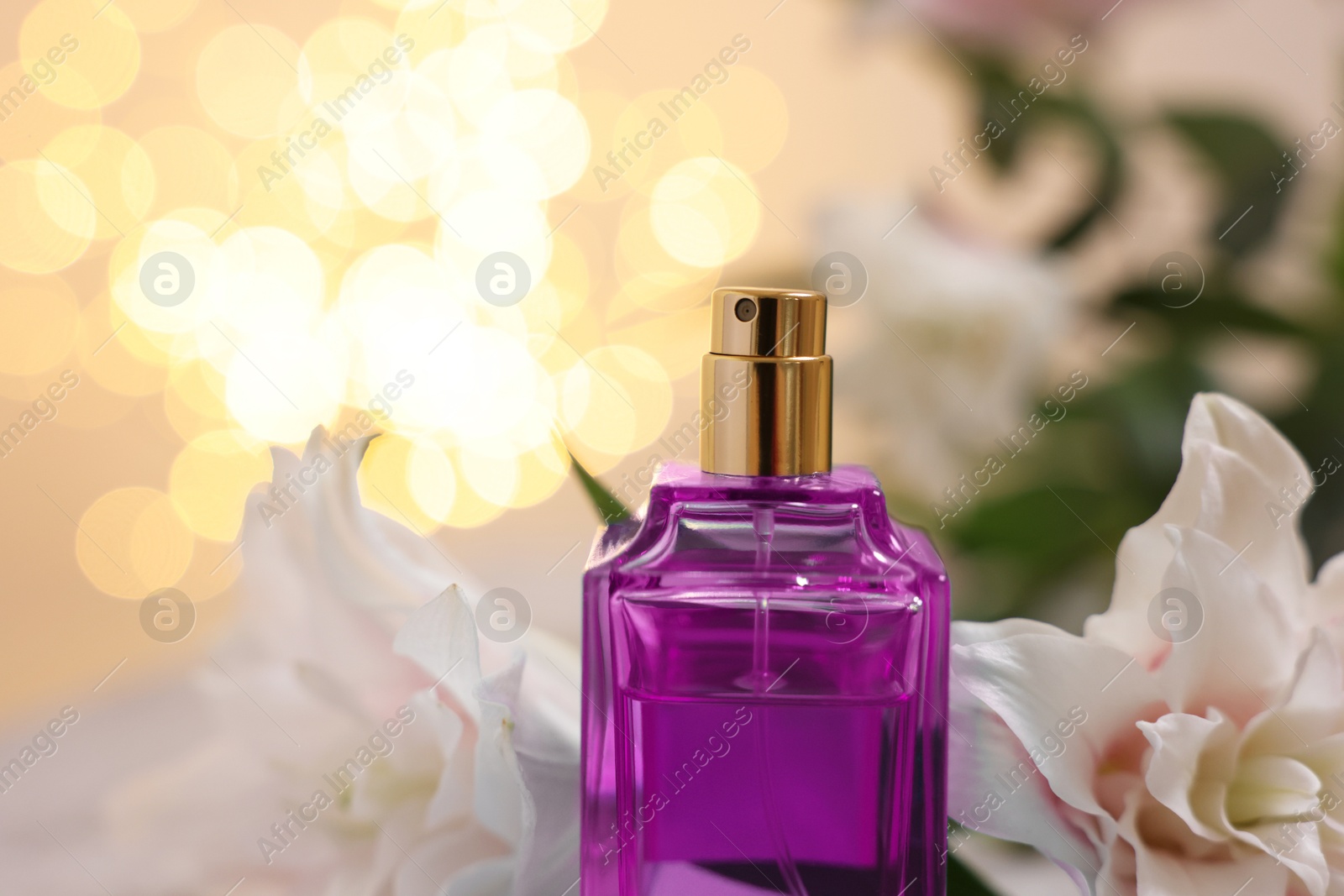 Photo of Bottle of perfume and beautiful lily flowers against beige background with blurred lights, closeup