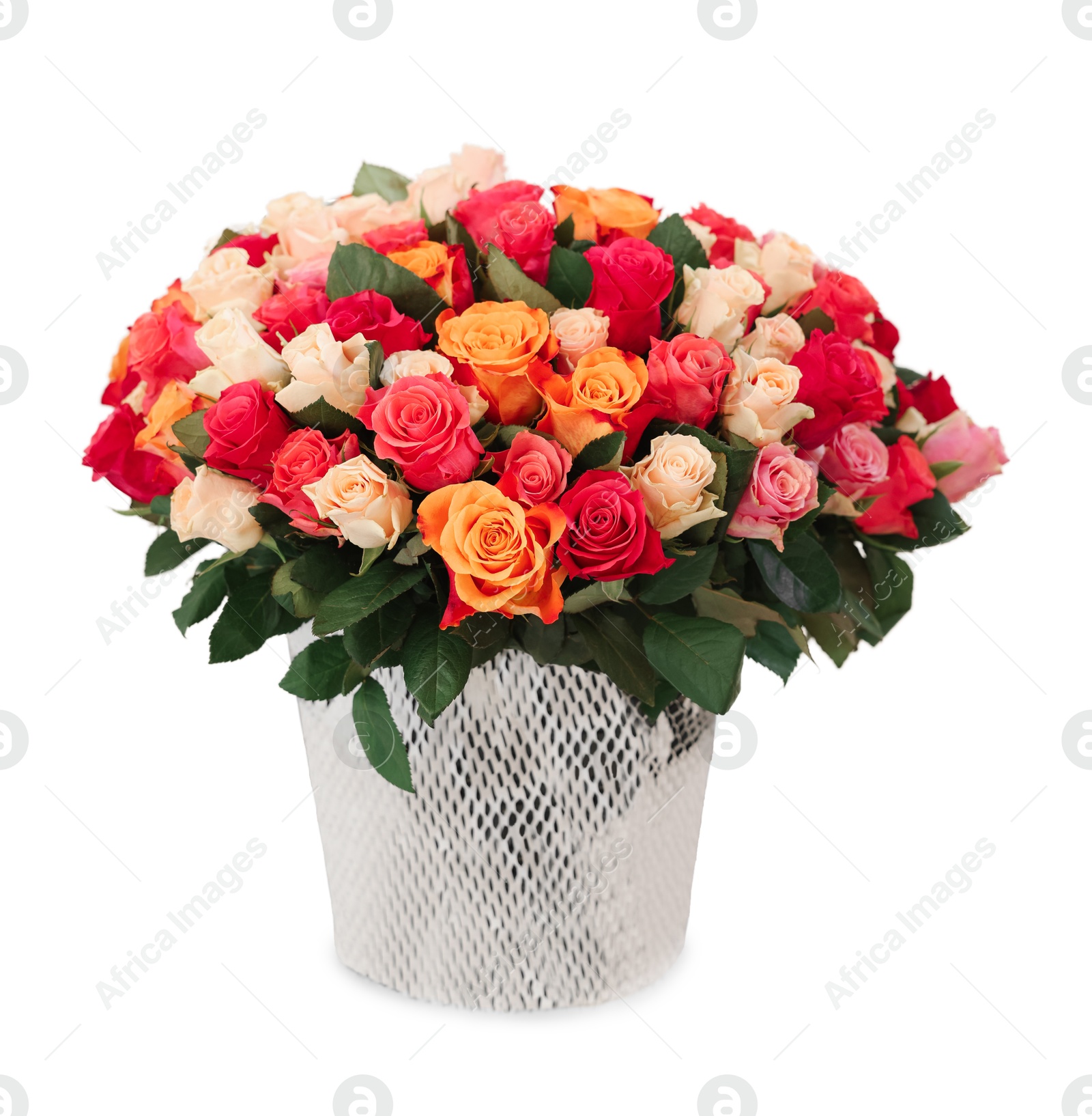 Photo of Bouquet of beautiful roses on white table against light background, space for text