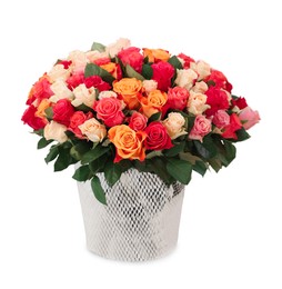 Bouquet of beautiful roses on white table against light background, space for text