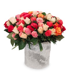 Bouquet of beautiful roses on white table against light background, space for text