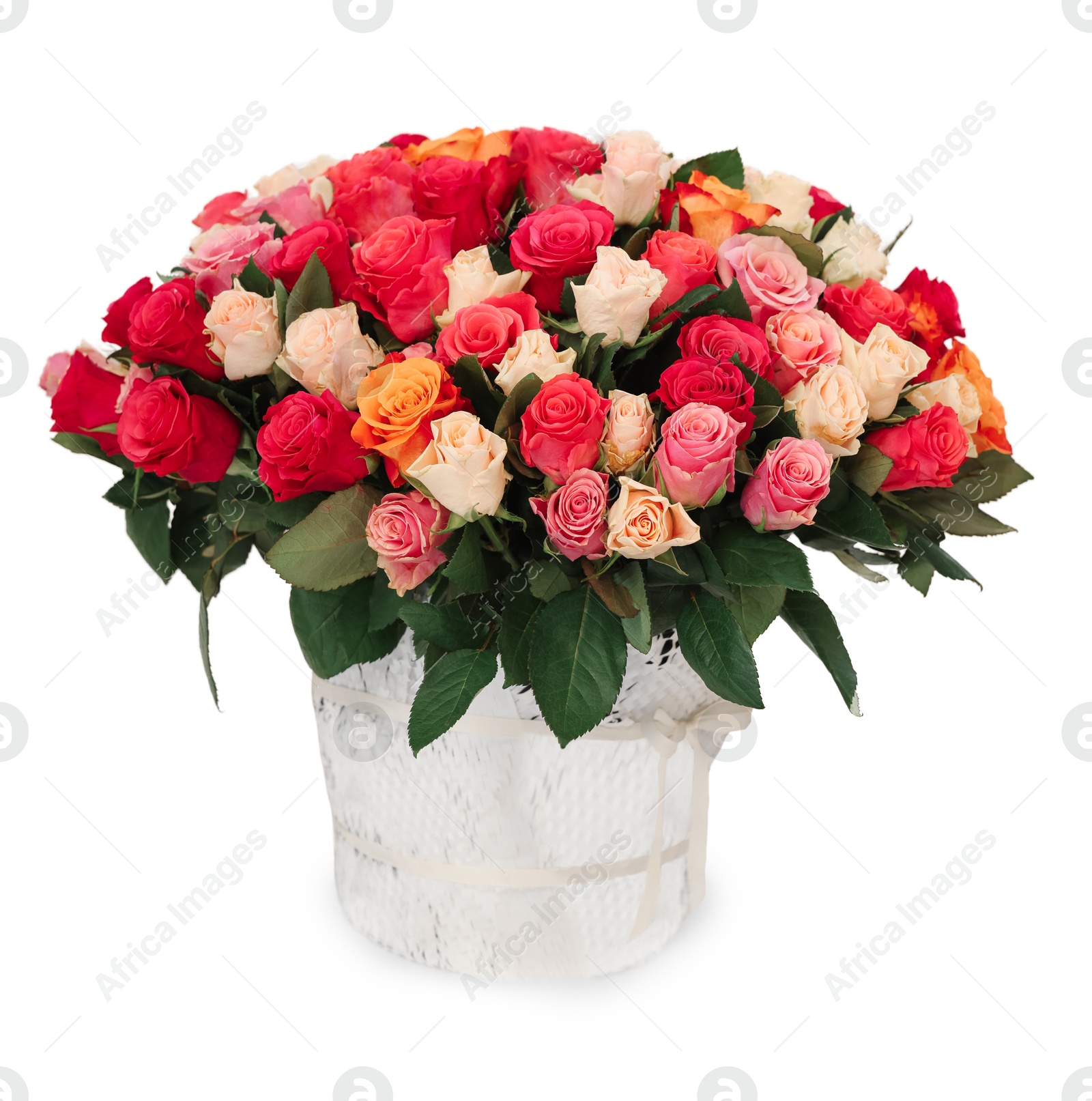 Photo of Bouquet of beautiful roses on white table against light background, space for text