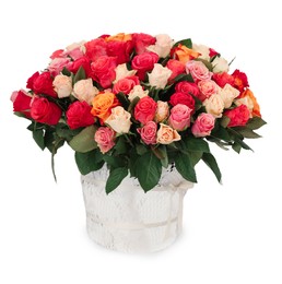 Photo of Bouquet of beautiful roses on white table against light background, space for text