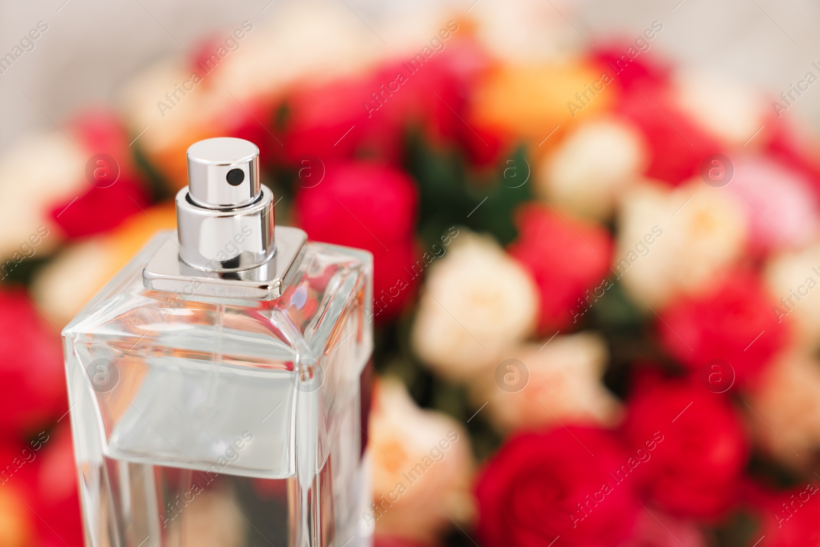 Photo of Bottle of perfume against bouquet of beautiful roses, closeup. Space for text