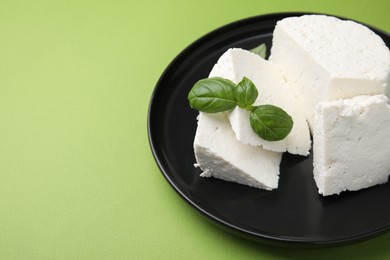 Fresh ricotta (cream cheese) and basil on green table, closeup. Space for text