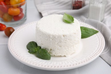 Fresh ricotta (cream cheese) and basil on light table, closeup