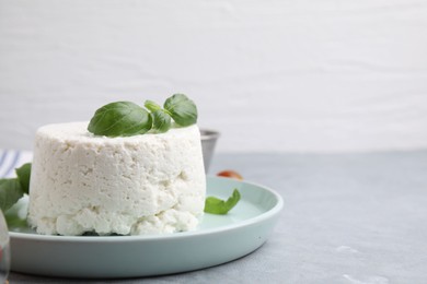 Fresh ricotta (cream cheese) and basil on gray table, closeup. Space for text