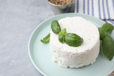 Fresh ricotta (cream cheese) and basil on gray table, closeup