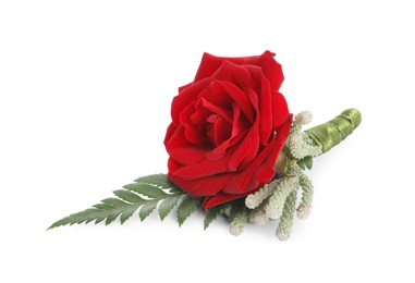 Photo of One stylish red boutonniere isolated on white