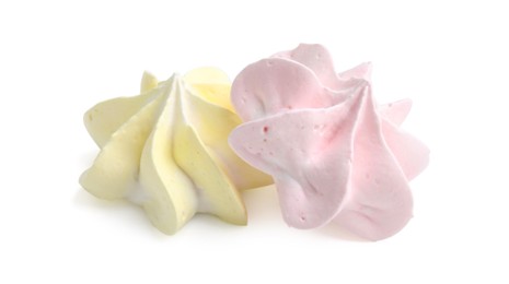 Photo of Two delicious meringue cookies isolated on white