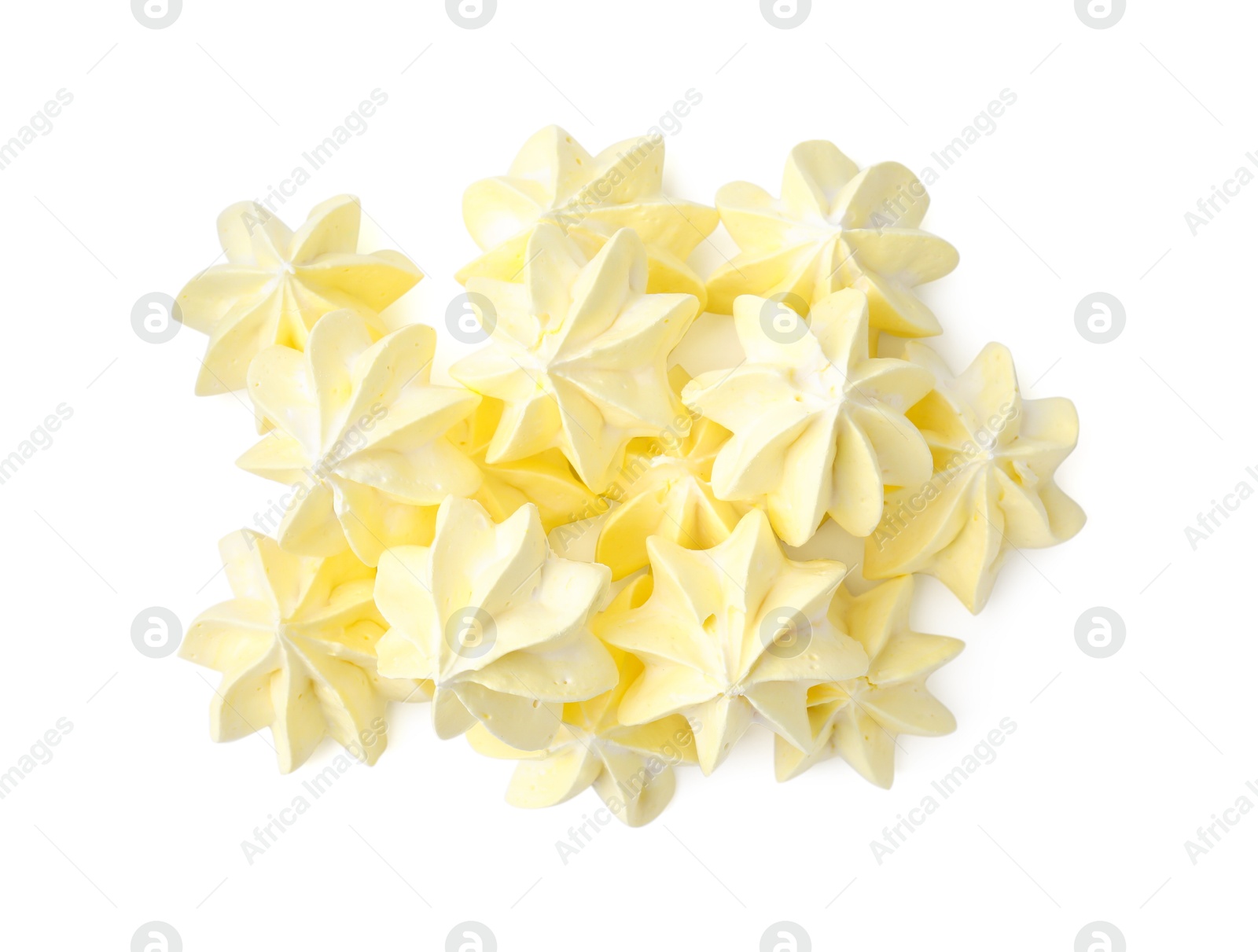 Photo of Many delicious meringue cookies isolated on white, top view