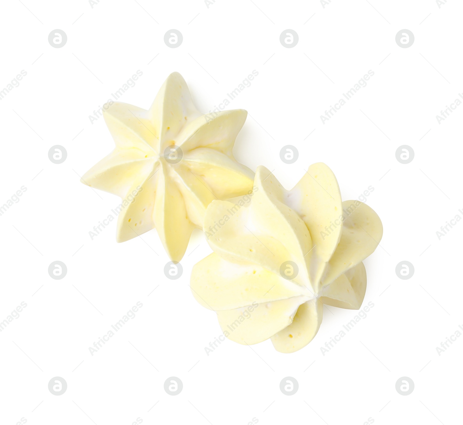 Photo of Two delicious meringue cookies isolated on white, top view